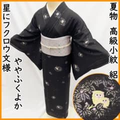○604mk5○夏物 高級小紋 星にフクロウ 絽 黒 ややふくよか○一部 