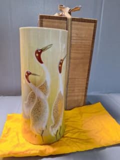 名品】九谷焼 山中国盛作「鶴舞」花瓶 4号 花器 陶芸品 美術品 花入