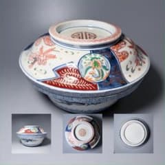 江戸後期〜明治期 染錦熨斗丸文様平鉢蓋物 直径25cm 菓子鉢