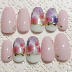 【246】春夏♡ピンクパープル系フラワー♡可愛い上品ネイルのサムネイル