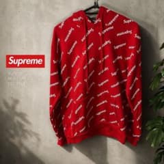 だ*も様 【USA製】Supreme 総柄ロゴ パーカー 赤 Lサイズ 裏起毛