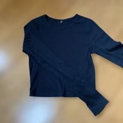 GU リブクルーネック長袖Tシャツ ブラック S ミニ丈のサムネイル
