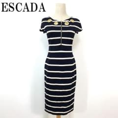 LA6160 ESCADA エスカーダ ボーダー 半袖ワンピース ネイビー 32 LA6160 ESCADA エスカーダ ボーダー 半袖ワンピース ネイビー 32