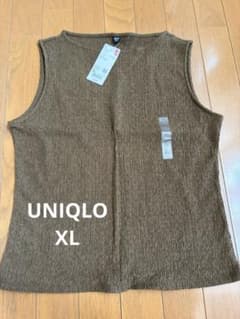 【新品】UNIQLO シャーリングボートネックT ノースリーブ ブラウン XLのサムネイル