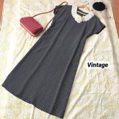 ⭐️レトロ古着 ドット インゲボルグ レース 黒 ワンピース