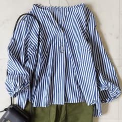美品 アナイ ストライプ柄 Vネック 七分袖ブラウス ブルー×ホワイト 