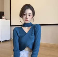 a*e様 リブ編みタートルネックセーター 青のサムネイル