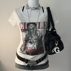 平成ギャル 小悪魔系 グランジ Y2K 英字ラメプリント 人物柄Tシャツ
