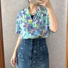ヴィンテージ アメリカ古着 総柄くるみボタンシャツ 花柄 半袖 青ライトブルー系