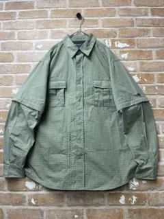 90s チェックシャツ　2way y2k ミリタリーシャツ　カーキ　緑