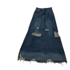 ダメージ デニムロングスカート ブルー Aライン