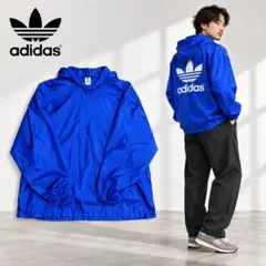 adidas アディダス デサント製ナイロンプルオーバー 青 ビッグロゴ 日本製