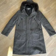 処分　グレー ファー付き ロングコート　レディース　毛