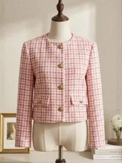 ZARA千鳥柄ノーカラーツイードジャケット ピンク ホワイト