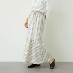 ショコラフィネローブ　ストライプ ロングスカート　ウエストゴム　ライトベージュ