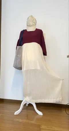 ワインレッド・アイボリー ロングワンピース　シャンブルリメイク