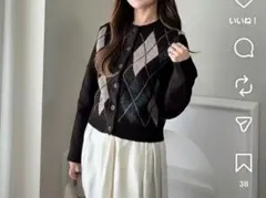 新品　GU　ジーユー　パフニットアーガイルクルーネックカーディガン