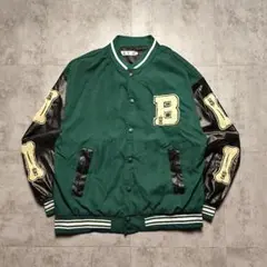 グリーン切替スタジャン ワッペンロゴ 袖レザー調 ビッグシルエット ブルゾン