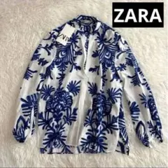 新品 ZARAザラ ブラウス スキッパーシャツ 長袖 ボタニカル 花柄 ブルー