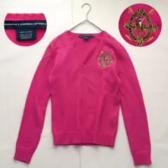 ラルフローレン スポーツ Vネックニット M ピンク 刺繍ロゴ エンブレム