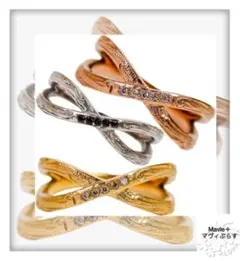 リング 2連風 クロス 石 ジルコニア ピンクゴールド スクロール ホヌ ギフト