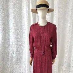 レトロ　総柄ワンピース 赤黒 幾何学模様　比翼ボタン　M相当