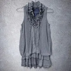 SUZUTAN ストライプ ボリュームフリル バルーン ノースリードレスワンピ