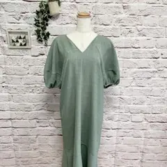 バルーン袖　ロングワンピース　マーメイド【M】緑　Vネック パフスリーブ 半袖