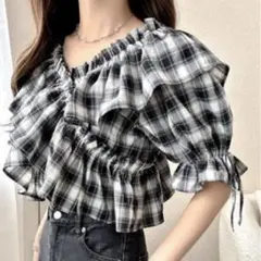 2Wayチェック柄クロスフリルブラウス