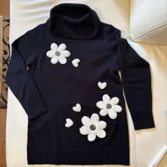 べべル様　確約です。フラワー刺繍 ブラック タートルネックセーター Ｌ
