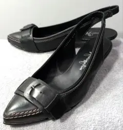 未使用級 銀座かねまつ バックル ポインテッドトゥ パンプス 黒 22.5cm