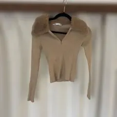 ZARA ベージュ ファー襟付き リブニット 長袖