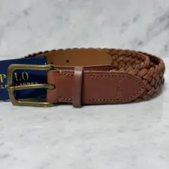 新品 未使用 ポロラルフローレン メッシュベルト 本革 編み込み レザー 茶系