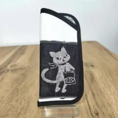 ③クロッチくん/猫 ネコお散歩/本革ブラックメガネケースハンドメイド