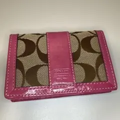 COACH シグネチャー ホースキャリッジ カードケース ピンク×ベージュ 