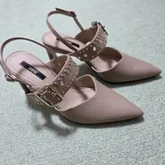 R&E サンダル 23.0cm スタッズ ベルト ヒール9cm ベージュ 美品