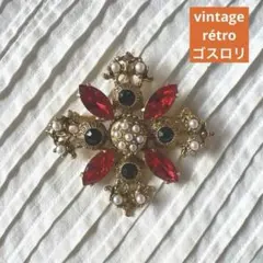 6037◆ヴィンテージ クロス型ブローチ 赤黒ラインストーンとパール　帯どめ