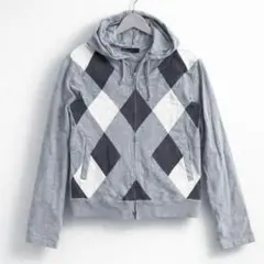 プラスワン✨️長袖パーカー アーガイル柄 グレー Lサイズ ダブルジップ パーカー