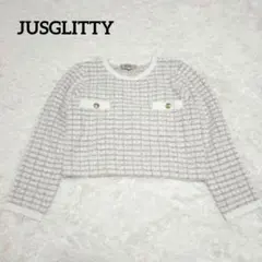 【美品】ジャスグリッティー 白ツイード調クロップド丈長袖ニット 金ボタン付