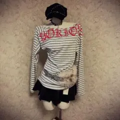 平成ギャル　ストライプ柄長袖Tシャツ 赤ロゴ 2WAYの着用　Y2K