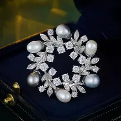 スワロフスキー淡水真珠花ブローチパール葉コサージュ入学式卒業式結婚式冠婚葬祭