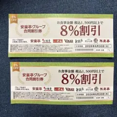 安楽亭グループ合同8%割引券　2枚セット　即日もしくは翌日発送