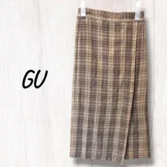 GU チェック柄 ロングスカート ベージュ S スリット 秋冬 ナチュラル