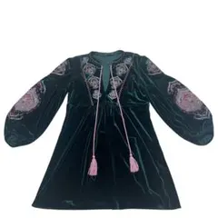 ZARA ザラ ベロア ワンピース グリーン USA XS Sサイズ相当 刺繍