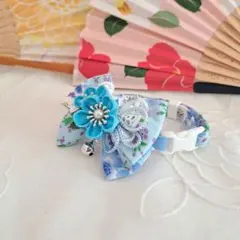 ダブルリボン、和風つまみ細工(水色①)わんちゃん猫ちゃん用首輪