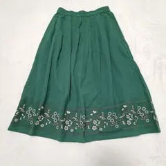 【森ガール】花柄刺繍 フレアロングスカート レトロ 緑 グリーン Lのサムネイル