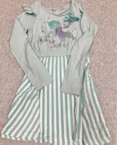 ユニコーン柄 長袖ワンピース 130cm ミントグリーン ストライプ 女の子