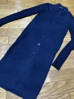 +jユニクロUNIQLO襟付きロングカーディガンS毛ネイビーUSED古着