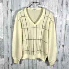 アーノルドパーマークリーム色 Vネック チェック柄 ニットセーター