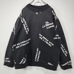 adidas　総柄　スウェット　トレーナー　L　刺繍　ロゴ　ブラック　古着コーデ